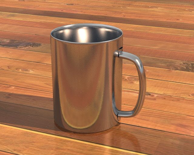 A 3D model of a polished chrome cup with a handle, standing on a wooden surface.