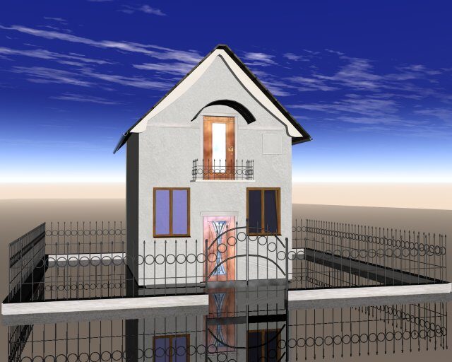 A 3D model of a compact two-storey house with a steep gabled roof, front balcony, and metal fence, shown from the front.