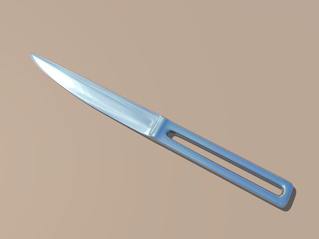 A 3D model of a polished metal knife with a pointed blade and long cutout handle, shown diagonally on a neutral background.