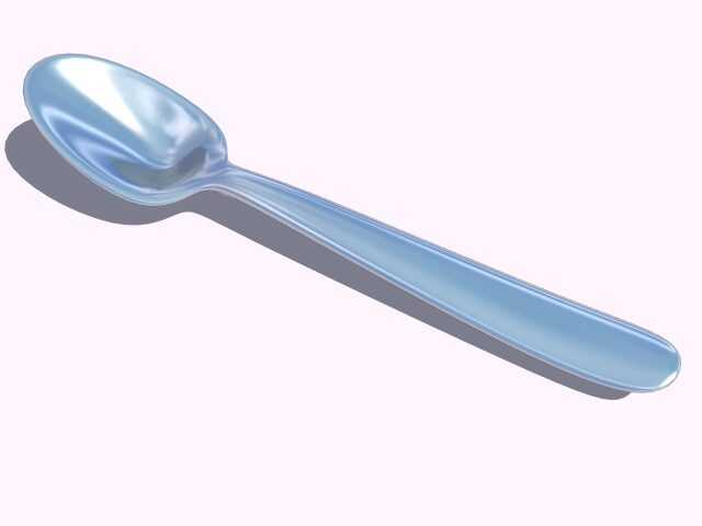 A 3D model of a polished silver-blue spoon with a broad rounded handle, shown diagonally on a pale background.