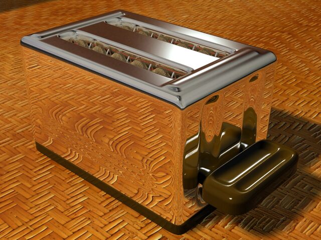 A 3D model of a two-slot toaster with chrome trim, a dark side lever, and woven wood-textured sides, shown from the front corner.